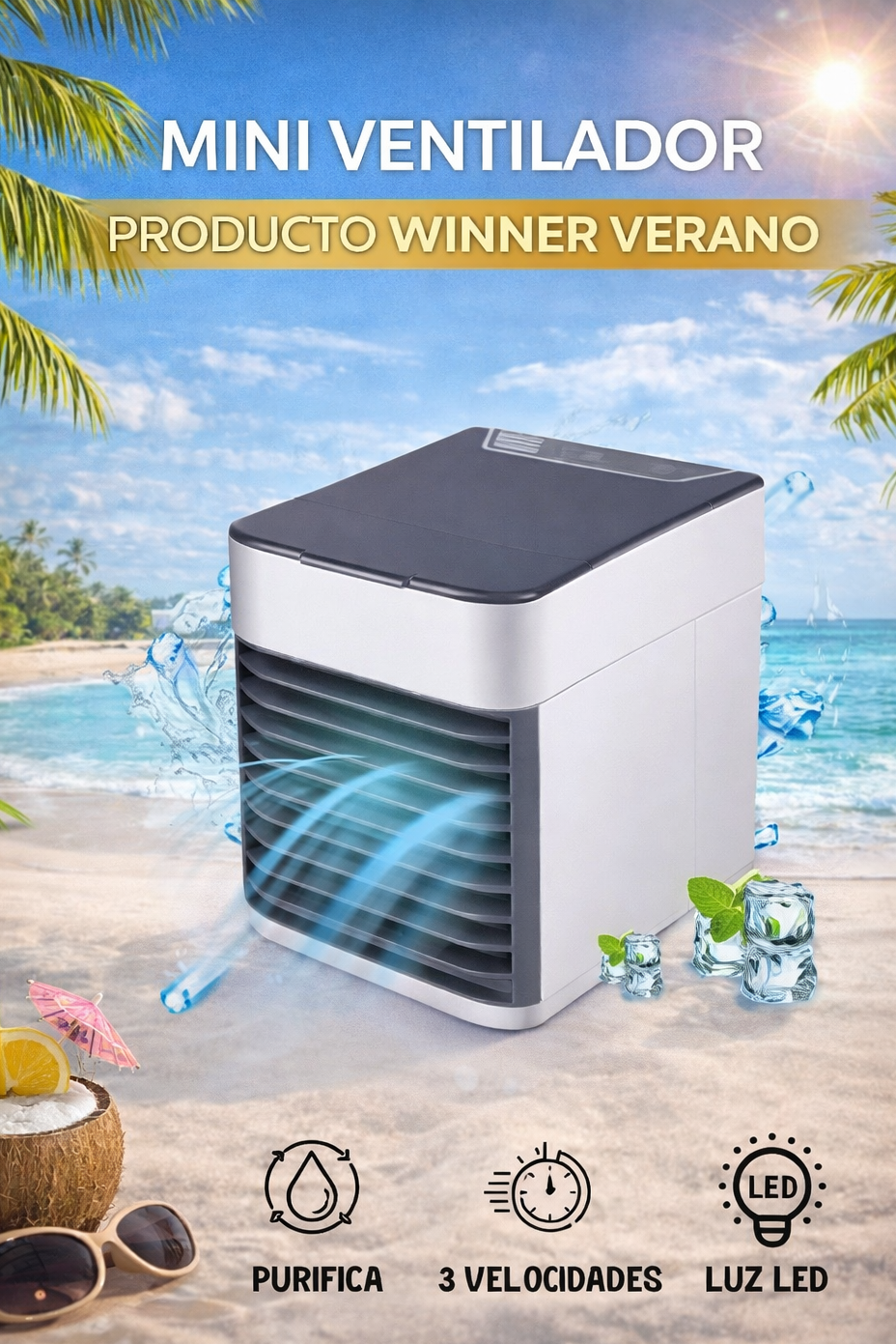 Mini Ventilador Enfriador de Aire Portátil con Luz LED – 3 Velocidades
